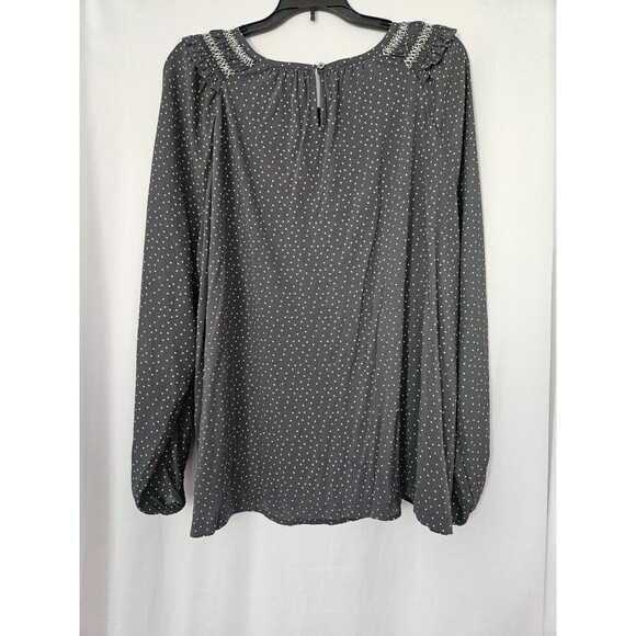 LOFT Dotted Smocked Mixed Media Blouse Size XL Gray White Ruffle - Picture 4 of 9